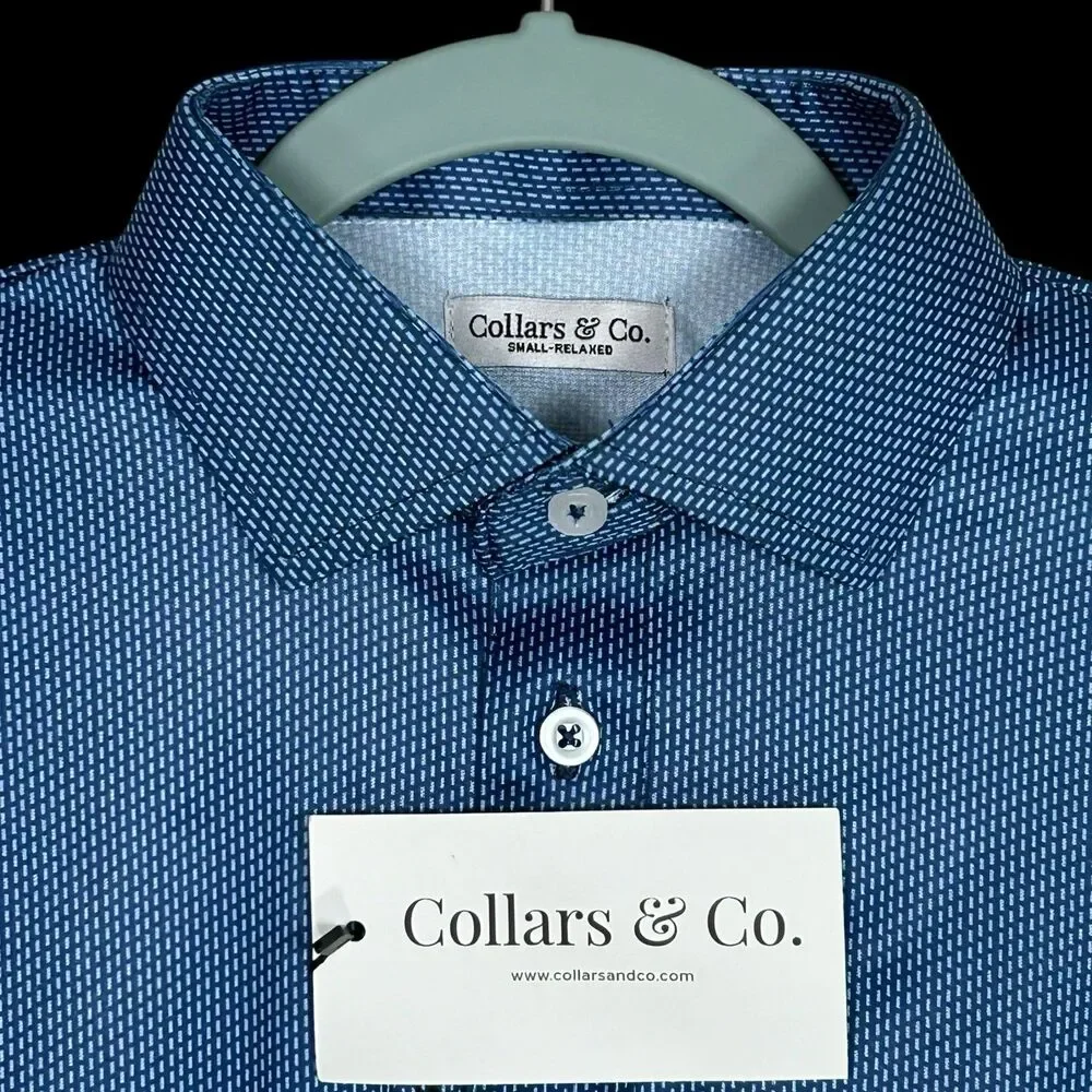 Collars & Co Polo Shirt Mens Small Blue Geo Relaxed Dress Collar Stretch NWT